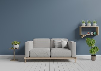 Fototapeta na wymiar Living room with sofa, small shelf and plants, 3D rendering