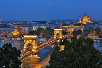 Aerial view of Budapest at night. Hungarian landmarks:,