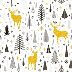 Seamless Christmas pattern with deers, snowflakes and spruce