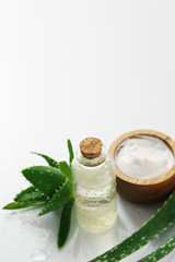 aloe vera and cosmetic inredients on white background