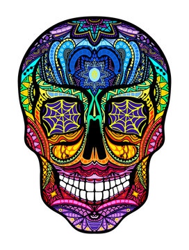 Tattoo colorful skull, black and white illustration on white background, Day of the dead symbol.