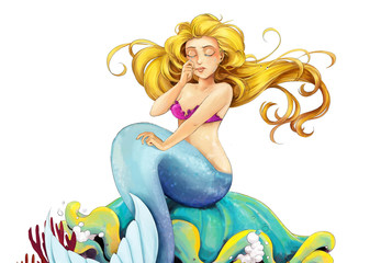 Obraz na płótnie Canvas Cartoon mermaid sitting on a shell - illustration for children