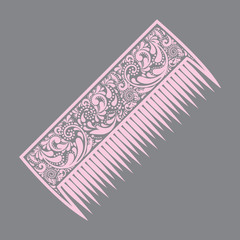 Pink comb on a gray background.Isolated object. A hairbrush is made of a flower pattern. Comb icon. Comb the silhouette. Simple icon. Web site page and mobile app design vector element.
