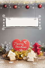 Christmas Background with various decorations. Plenty of space left for text.  Hand drawn ribbon. Holiday athmosphere. For Greeting cards, flyers, invitations