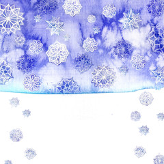 watercolor background of lilac with white snowflakes for new year and christmas, oblong with snowflakes, it's snowing, for decoration and design on white background, for design of cards