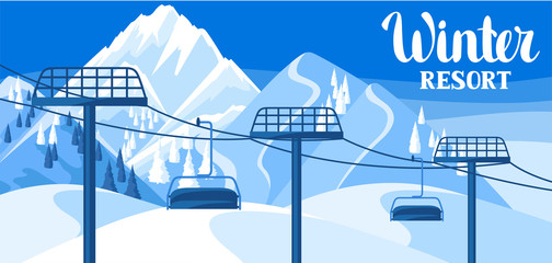 Winter resort illustration. Beautiful landscape with rope way, snowy mountains and fir forest © incomible