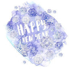 watercolor painting of watercolor blurred colors of lilac flowers in the form of ice with snowflakes for the new year and Christmas with the inscription "Happy New Year", for decor and design of postc