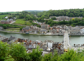 Obraz premium Aerial view of Charles de Gaulle bridge and beautiful townscape of Dinant as seen from Citadel of Dinant, Wallonia Region, Belgium