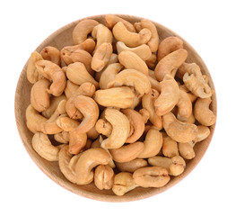 Bowl with cashews on a white background.