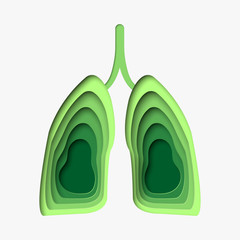 Green lungs in paper craft style. 3d abstract paper cut illustration. Vector template in carving art style.