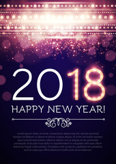 Happy New Year poster and flyer template. Lights, snowflakes and fireworks design. Vector illustration