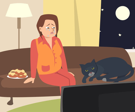 crying woman watching tv with cat