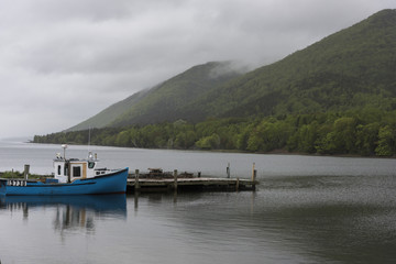 Fishing trawler moored at dock, Englishtown, Cape Breton Island, Nova Scotia, Canada