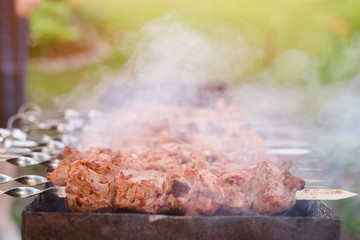 Marinated shashlik preparing on a barbecue grill over charcoal.