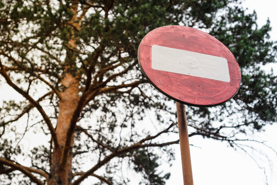 sign no Entry on a background of a large pine