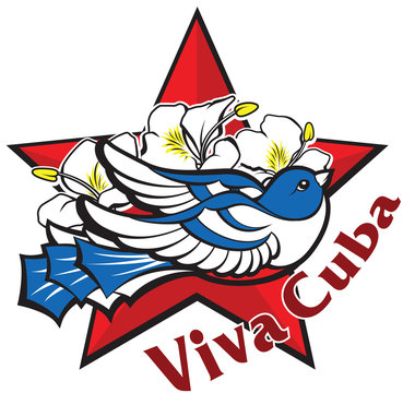 Freedom and liberty symbol - blue cuban bird, red star, flowers. Icon logo with inscription Viva Cuba.