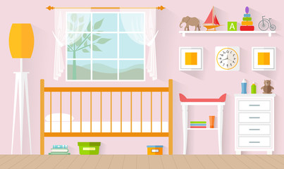 Children's room for a girl. Vector illustration in a flat style. The concept of the interior of the nursery.