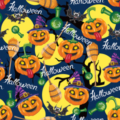 Halloween pattern. Seamless vector pattern with pumpkins, bats, brooms, moons and bulbs