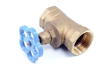 Blue metal valve on a white background. Isolated