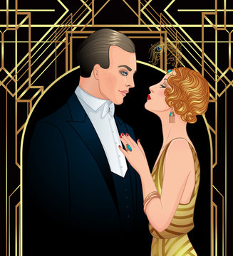 Beautiful couple in art deco style. Retro fashion: glamour man and woman of twenties. Vector illustration. Flapper 20's style. Vintage wedding invitation design template.