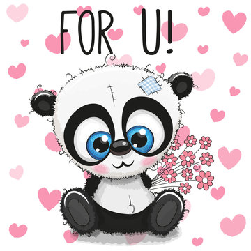 Valentine card Cute Cartoon Panda with flowers