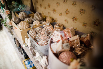 Boxes with beautiful and stylish Christmas toys