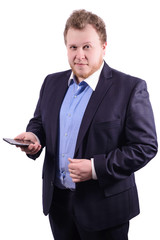 Portrait of businessman while holding a cell phone. isolated on White background