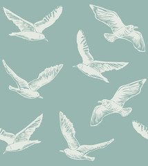 Fototapeta premium Seamless Pattern with Seagulls. Graphic Hand Drawn Background for Banners Web pages Scrap booking Paper Wallpaper. Vector Illustration with Flying Birds