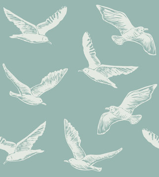 Seamless Pattern with Seagulls. Graphic Hand Drawn Background for Banners Web pages Scrap booking Paper Wallpaper. Vector Illustration with Flying Birds