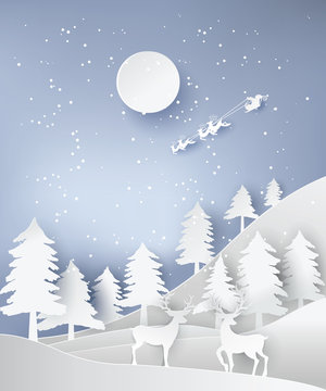 paper art landscape of Christmas and happy new year with tree and reindeer design. vector illustration