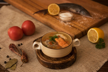 Tasty fish soup - ukha, soup from different fishes and vegetables