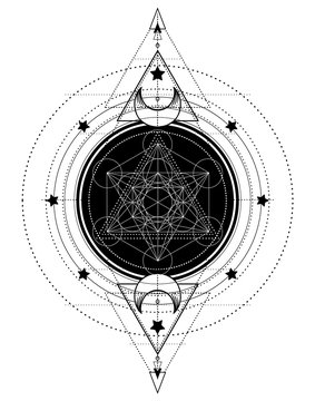 Lotus and Sacred Geometry. Ayurveda symbol of harmony and balance, and universe. Tattoo flesh design, yoga logo. Boho print, poster, t-shirt textile. Isolated vector illustration.