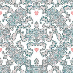 Seamless pattern design with crowns and hearts in medieval style. Ornate Royal repetition background. Wrapping paper, wallpapers. Vector illustration. Detailed textile design.