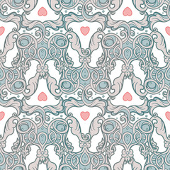 Seamless pattern design with crowns and hearts in medieval style. Ornate Royal repetition background. Wrapping paper, wallpapers. Vector illustration. Detailed textile design.