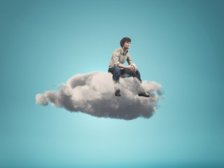 Surreal  image of a man sitting on a gray cloud