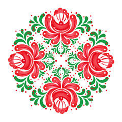 Khokhloma inspired floral pattern design elements. Red and green vector ornaments isolated on white. Traditional Russian painting style.