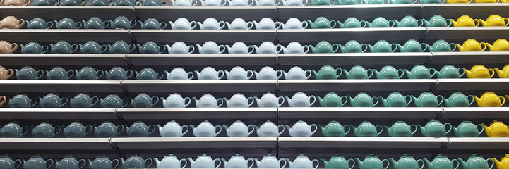 a collection of teapots of all colors for template background
