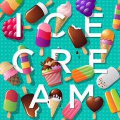 Ice cream illustration. Letters and a variety of ice-cream on azure background. Summer background with ice cream and letters. Lettering.
