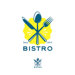 Bistro restaurant logo. Snack emblem. A fork, a spoon and a knife in a yellow badge. Fast food cafe icon.