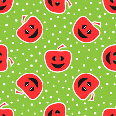 Funny apples with smiling face. Colorful seamless pattern. Red, white, green, black colour.