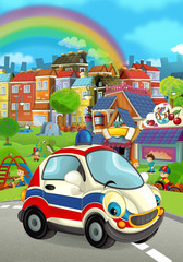 cartoon funny and happy looking car on the street - illustration for children