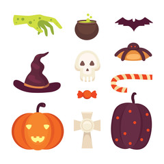 Set Halloween vector illustrations in cartoon style. Funny pumpkin, skeleton, zombie.