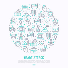 Heart attack concept in circle with thin line icons of symptoms and treatments. Modern vector illustration for medical report or survey, banner, web page, print media.