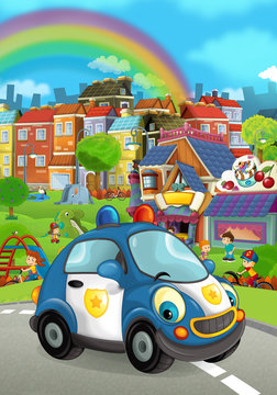 Cartoon police car smiling and driving through the city - illustration for children © honeyflavour