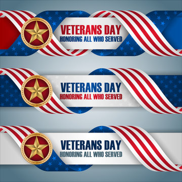 Set of web banners background with texts and national flag colors for US Veterans Day event, celebration; Vector celebration