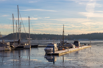 Aker Brygge Marina in winter season. The most popular part of Oslo, Norway