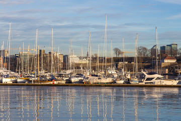 Aker Brygge Marina in winter season. The most popular part of Oslo, Norway