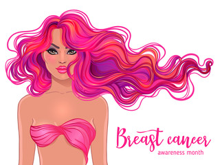 October: Breast Cancer Awareness Month, annual campaign to increase awareness of the disease. Woman with breast cancer awareness pink ribbon, vector illustration health, medicine.