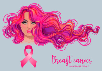 October: Breast Cancer Awareness Month, annual campaign to increase awareness of the disease. Woman with breast cancer awareness pink ribbon, vector illustration health, medicine.