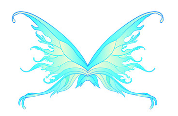 Fototapeta na wymiar Pair of magical fairy wings. Hand-drawn vector illustration isolated. Trendy magic print, alchemy, mystery, divine goddess. Rainbow colors. Halloween costume. Sticker, pin.
